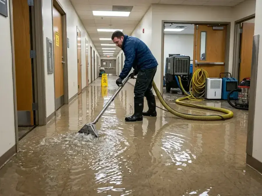 Restoration technician extracting standing water from a flooded floor in Sugar Land