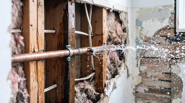 Copper pipe spraying water inside an opened wall, a burst pipe in Sugar Land
