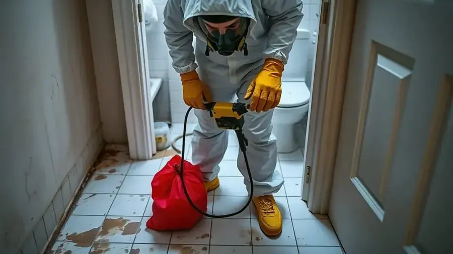 Technician in protective suit and respirator cleaning a sewage backup in a bathroom