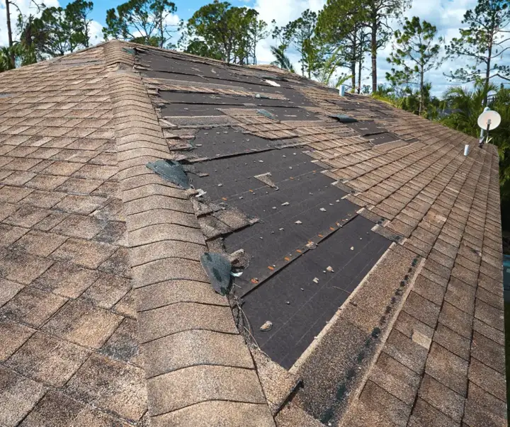 Shingles torn off a roof by storm winds, the start of a Sugar Land roof leak