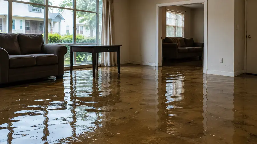 Standing water across a living room floor in a Sugar Land home before extraction