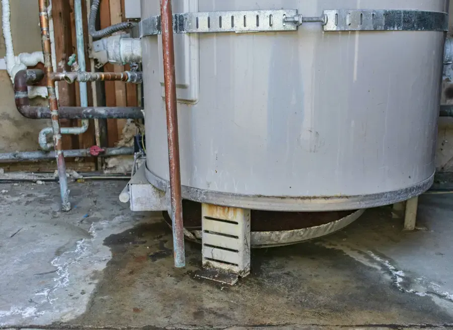 Water pooling around the base of a failed water heater tank